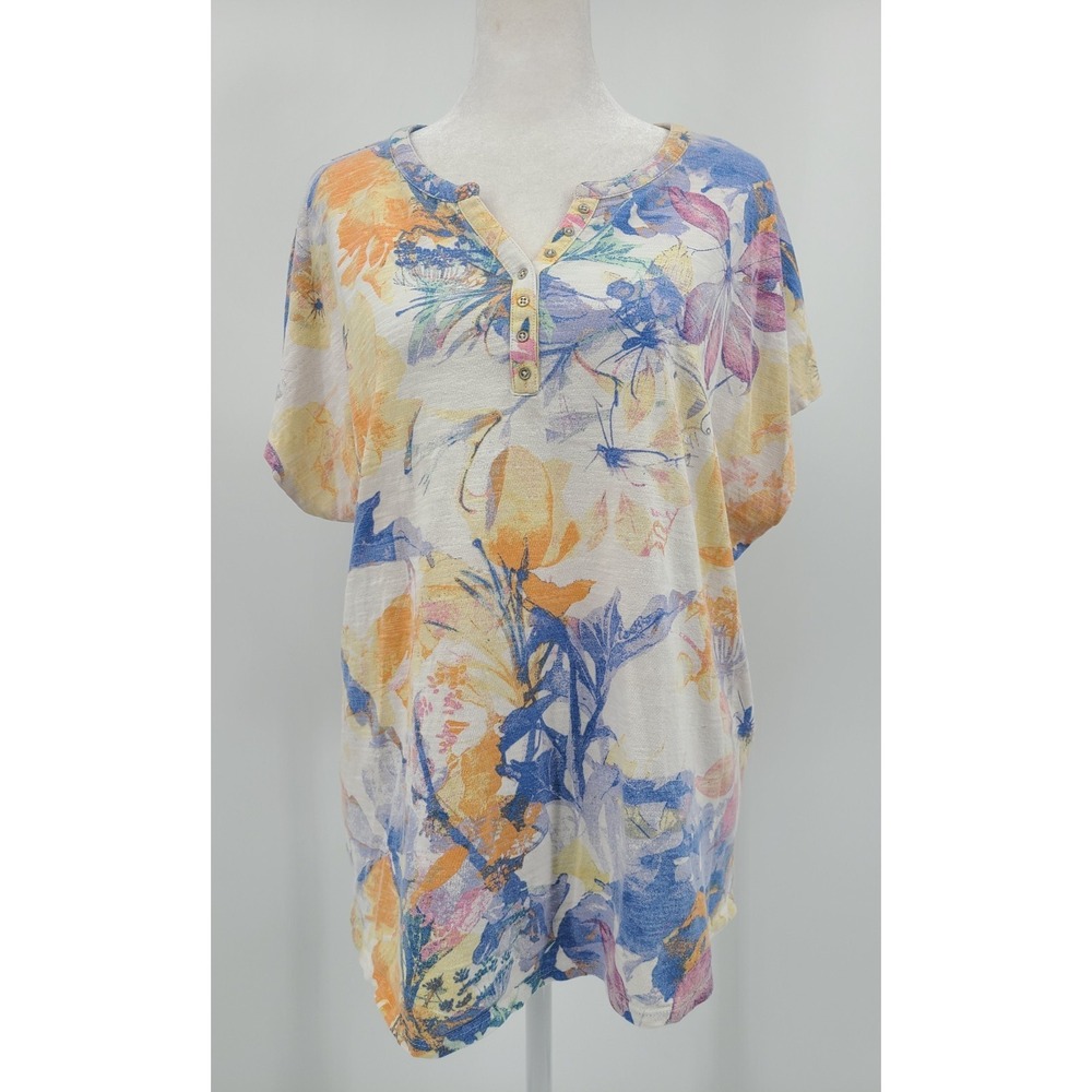 Chicos Colorful Floral Cotton Tunic Women XL / 16 Hi Low Beachy Resortwear Artsy